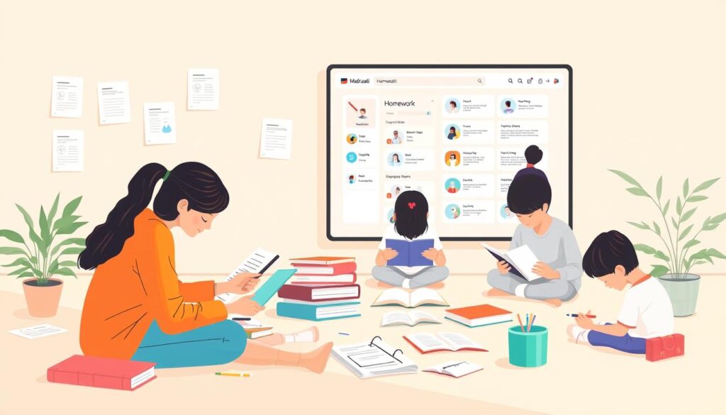 an elaborate illustration of various types of homework assignments on the madrasati educational platform. a clean, minimalist composition with distinct foreground, middle, and background elements. the foreground features a variety of homework materials such as worksheets, textbooks, and digital devices. the middle ground depicts students engaged in completing their assignments, with a focus on collaboration and interaction. the background showcases the madrasati platform interface, emphasizing its user-friendly design and accessibility. soft, natural lighting creates a warm, inviting atmosphere. the overall scene conveys the diverse range of homework tasks supported by the madrasati platform, fostering an efficient and engaging learning experience.