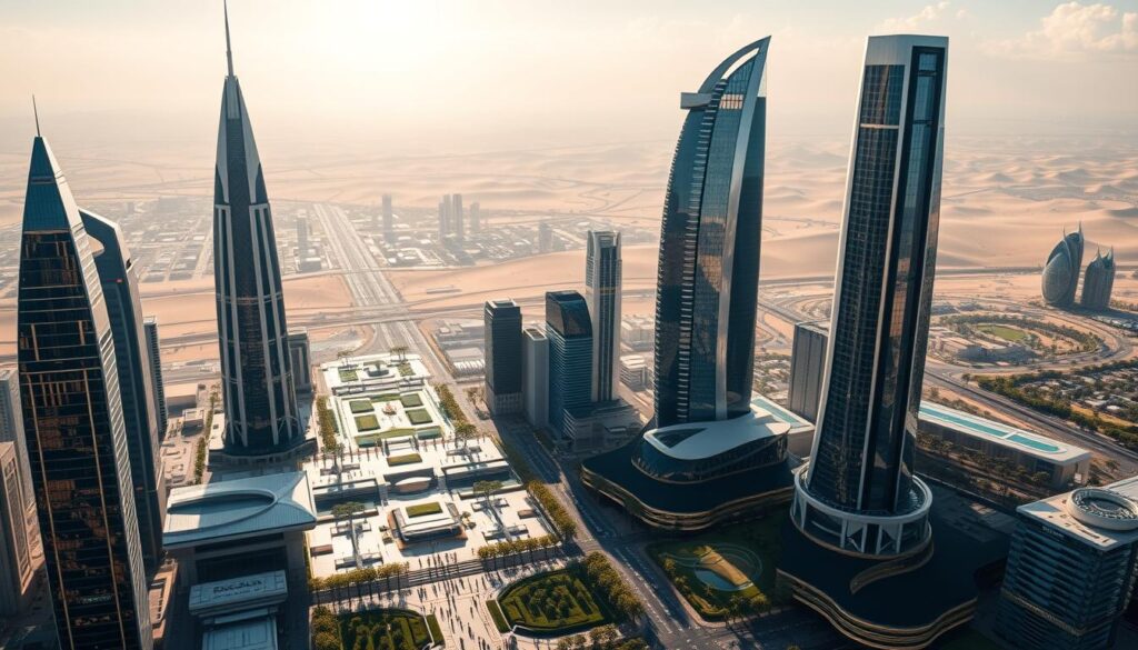 an expansive, sun-dappled landscape of majestic skyscrapers and futuristic architecture, evoking the ambitious vision of "رؤية المملكة 2030". in the foreground, a meticulously designed city skyline with sleek, modern towers in gleaming glass and steel, their facades reflecting the bright, cloudless sky. the middle ground features a bustling urban center, with people moving through dynamic public spaces and lush, verdant parks. in the background, sweeping desert vistas and rolling hills, hinting at the rich cultural heritage and natural beauty of the kingdom. the entire scene is suffused with a sense of progress, possibility, and a profound commitment to realizing a bold, visionary future.