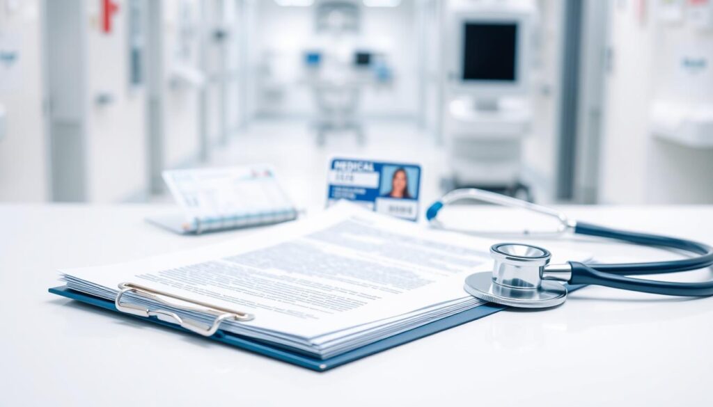 an image of documents and medical forms on a plain white background, with a subtle blue and gray color palette. in the foreground, a stack of official-looking papers, a clipboard with a pen, and a stethoscope. in the middle ground, a medical id card and a health insurance document. in the background, blurred medical equipment and a clean, sterile hospital environment. the lighting is soft and even, creating a professional and authoritative atmosphere. the composition emphasizes the essential paperwork and medical items required for a hospital visit, conveying the necessary information and documentation needed for a seamless experience.