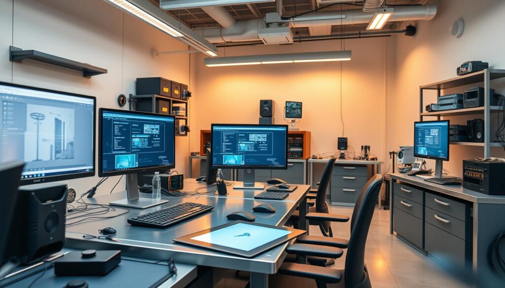 detailed technical office workspace with sophisticated equipment and tools. gleaming metal workstations, multiple high-resolution monitors, and advanced peripherals like drawing tablets and keyboards. warm, professional lighting casts a productive glow. minimalist decor with clean lines and geometric shapes. organizational elements like shelves, drawers, and cable management contribute to an efficient, streamlined aesthetic. the scene conveys a sense of expertise, diligence, and technical mastery in support services.