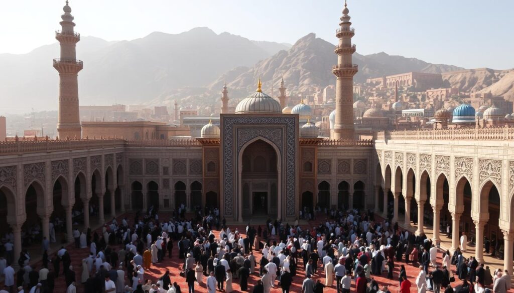 Sprawling prayer halls in the heart of Unayzah, architectural masterpieces bathed in warm sunlight. Ornate minarets punctuate the skyline, their graceful silhouettes casting long shadows across the bustling courtyard. Worshippers gather in peaceful contemplation, their robes flowing gently in the breeze. Intricate tile patterns adorn the walls, creating a mesmerizing visual tapestry. The scene exudes a serene, reverent atmosphere, inviting the faithful to commune with the divine on this Eid al-Fitr celebration. sprawling prayer halls in the heart of unayzah, architectural masterpieces bathed in warm sunlight. ornate minarets punctuate the skyline, their graceful silhouettes casting long shadows across the bustling courtyard. worshippers gather in peaceful contemplation, their robes flowing gently in the breeze. intricate tile patterns adorn the walls, creating a mesmerizing visual tapestry. the scene exudes a serene, reverent atmosphere, inviting the faithful to commune with the divine on this eid al-fitr celebration.