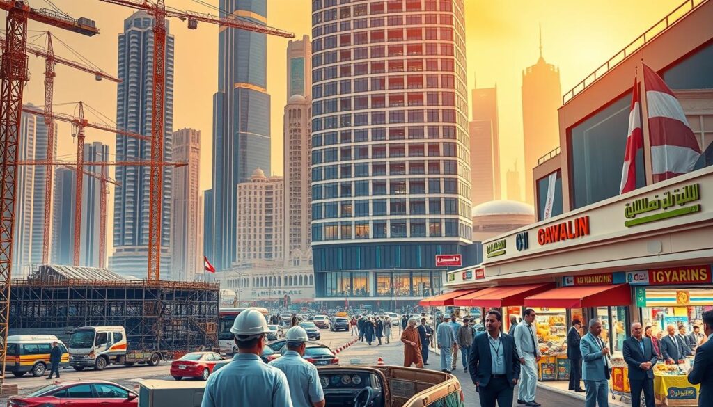 vibrant cityscape of riyadh, saudi arabia, showcasing the diverse professional pursuits of egyptian expatriates. in the foreground, a bustling construction site with workers in hard hats, cranes, and towering skyscrapers under construction. in the middle ground, an office building with well-dressed egyptians entering and exiting, representing the thriving corporate and administrative roles. the background features a bustling marketplace, with colorful stalls and egyptians engaged in retail, hospitality, and service-oriented professions. the scene is bathed in warm, golden light, conveying a sense of prosperity and opportunity. the overall composition captures the multifaceted nature of the egyptian workforce in saudi arabia.