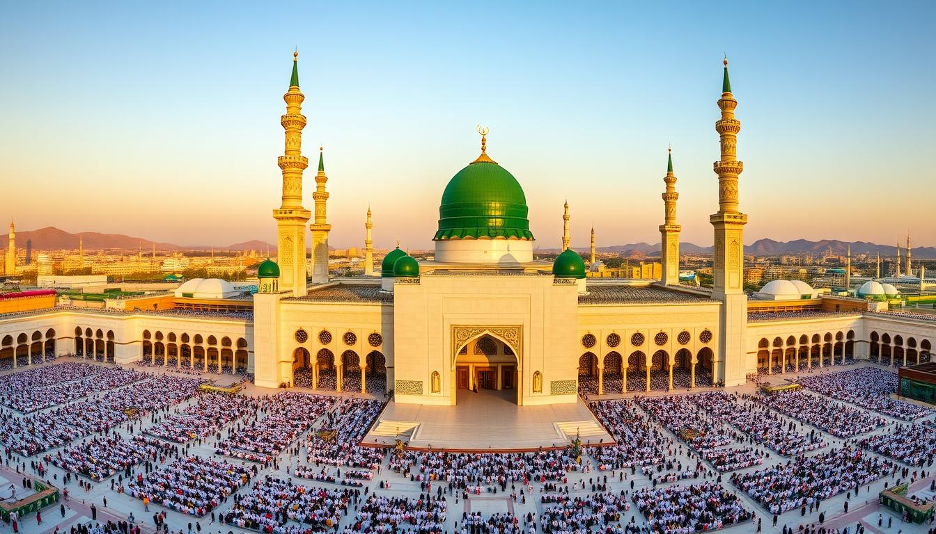 المسجد النبوي الشريف في المدينة المنورة بمآذنه وقبته الخضراء