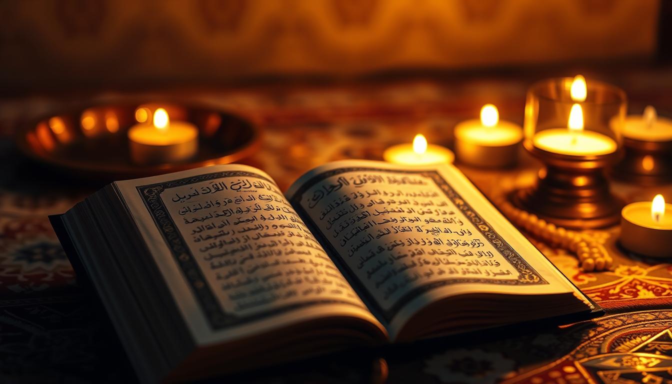 مصحف مفتوح على سورة القدر مع مسبحة وشموع في ليلة القدر ١٤٤٧