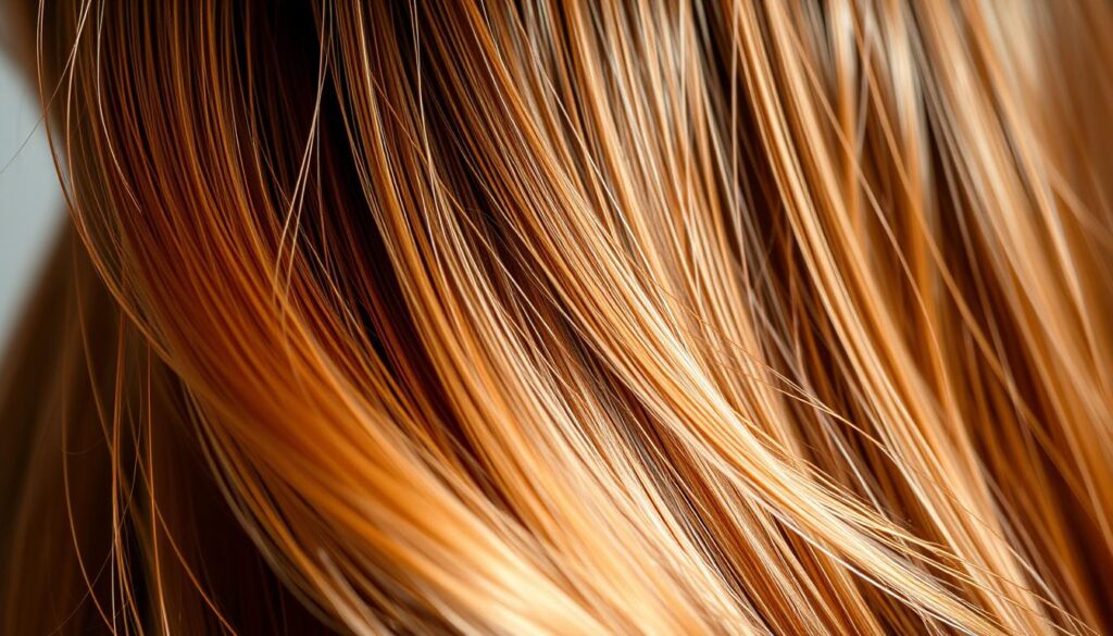 a close-up of lush, healthy hair strands with a glossy, vibrant shine. the hair appears soft, strong, and well-cared for, reflecting the ideal results of a diligent hair care routine. the lighting is gentle, creating a warm, inviting atmosphere that highlights the natural beauty of the hair. the focus is on the mid-length to ends of the hair, drawing attention to the quality and condition of the hair, rather than the full head. the background is softly blurred, keeping the viewer's attention on the hair itself. this image effectively illustrates the importance of a tailored hair care regimen to address the needs of damaged, split-end prone hair.