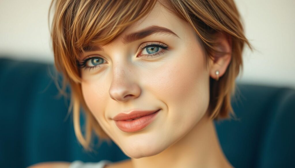 a close-up portrait of a woman with short, stylish haircut in a natural, warm lighting. the hair has a soft, textured appearance with subtle highlights and lowlights, framing the face in a flattering way. the background is blurred, allowing the focus to be on the subject's facial features and the hair details. the overall mood is natural, effortless, and inviting, capturing the essence of caring for short hair in a simple yet effective manner.