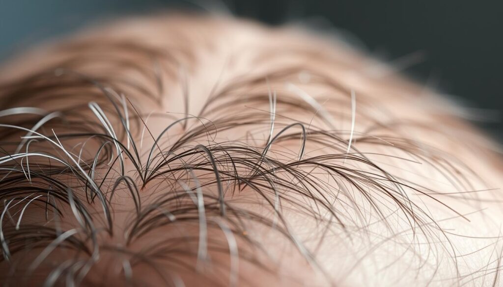 a close-up view of a healthy scalp, revealing the intricate structure of the hair follicles and the underlying skin. the image should showcase the density and thickness of the hair strands, emphasizing the importance of understanding hair density and shaft thickness. the lighting should be soft and diffused, creating a sense of depth and detail. the focus should be sharp, drawing the viewer's attention to the delicate texture and the interplay between the hair and the scalp. the overall mood should convey a sense of scientific examination, yet maintain an aesthetic appeal suitable for an informative article.