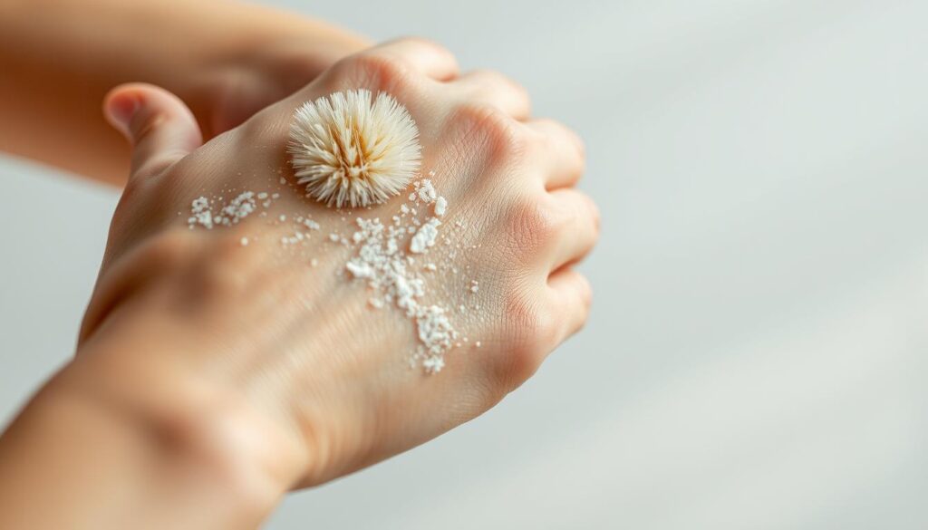 a close-up view of a human hand gently removing flaky, dead skin cells from the elbow area. the skin is discolored and appearing dull, in need of exfoliation. the hand is using a soft, dry brush in delicate, circular motions to lift and sweep away the dead skin. the background is blurred, allowing the focal point to be the exfoliation process, conveying a sense of care and intention. soft, diffused lighting from the side creates subtle shadows and highlights the texture of the skin. the image should communicate the importance of preparing the skin before brightening treatments for optimal results.