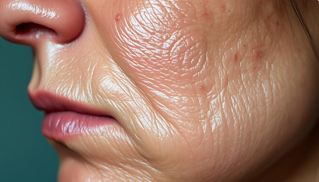 a close-up view of an oily, shiny skin texture with enlarged pores and a slightly reddish complexion. the skin appears to have a slightly uneven and bumpy surface, reflecting the excess sebum production. the lighting is soft and diffused, casting gentle shadows that accentuate the skin's uneven texture. the background is slightly blurred, placing the focus on the detailed skin close-up. the overall mood is one of an educational, informative nature, highlighting the characteristics of an oily, problematic skin type commonly found in hot, humid climates like saudi arabia.