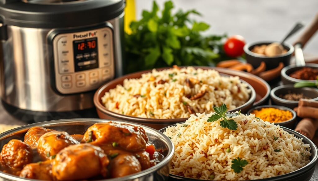 a delectable feast of culinary artistry, showcasing a harmonious blend of spices and flavors. in the foreground, a succulent chicken dish simmers in a pressure cooker, its aroma permeating the air. the middle ground features a fragrant rice pilaf, infused with the warm, earthy notes of cardamom. in the background, an array of vibrant herbs and spices, meticulously arranged, ready to impart their distinctive flavors. the scene is bathed in a soft, golden light, creating an inviting and professional atmosphere, perfect for showcasing the chef's mastery of the culinary arts.