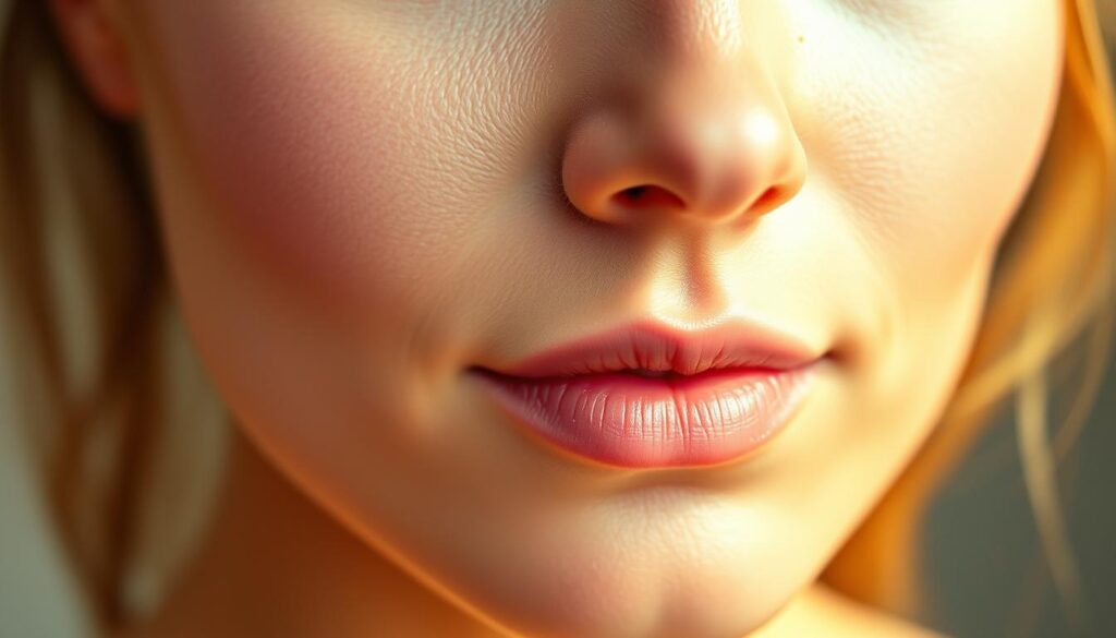 a serene and luminous close-up view of a youthful, glowing complexion. soft, even skin tones radiate with a healthy, natural luminance. fine, delicate facial features are highlighted by gentle, warm lighting that accentuates the natural contours. the texture of the skin appears smooth and supple, with a refined, blemish-free appearance. an aura of tranquility and inner radiance emanates from the subject, conveying a sense of everyday beauty and well-being.