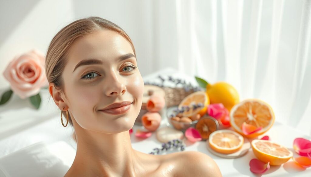 a serene and rejuvenating skincare scene featuring a glowing complexion, soft natural lighting, and a tranquil spa-like atmosphere. in the foreground, a freshly cleansed and hydrated face emanates a healthy, radiant glow. the middle ground showcases an array of artfully arranged botanical ingredients, such as rose petals, lavender sprigs, and citrus slices, hinting at the nourishing and soothing properties of the natural formulations. the background depicts a calming, minimalist setting with clean white surfaces and delicate, wispy curtains gently swaying, creating an atmosphere of tranquility and wellbeing. the overall scene conveys a sense of balance, purity, and a holistic approach to skincare that embraces the power of nature.