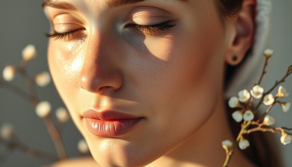 a serene, close-up portrait of a woman's face, highlighting her smooth, radiant skin. the lighting is soft and diffused, creating a warm, glowing effect. her eyes are calm and introspective, conveying a sense of self-care and inner wellbeing. in the background, subtle botanical elements, such as delicate flowers or leaves, create a soothing, natural ambiance. the overall mood is one of tranquility, balance, and the importance of daily skincare rituals for enhancing both physical and mental wellness.