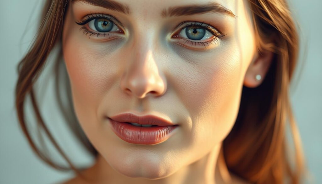 a serene, close-up portrait of a woman's face, showcasing the natural luminosity and healthy glow of her skin. soft, diffused lighting highlights the delicate features, emphasizing the even tone and clarity of her complexion. the image conveys a sense of tranquility and inner radiance, capturing the essence of safe, effective skin brightening. subtle details like pores and fine lines are visible, creating an authentic, unfiltered representation of the subject's complexion. the composition places the face centrally, allowing the viewer to appreciate the refined, blemish-free quality of the skin.