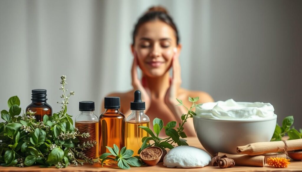 a serene, peaceful scene showcasing the essence of holistic self-care. in the foreground, a collection of natural ingredients - fresh herbs, essential oils, and a soothing facial mask - symbolizing the harmony between skincare and haircare. the middle ground features a woman's hands gently massaging her face, her expression one of tranquility and focus. in the background, a soft, diffused lighting creates a calming atmosphere, accentuating the natural textures and hues. the overall composition conveys a sense of balance, inviting the viewer to embrace a comprehensive, mindful approach to personal well-being.