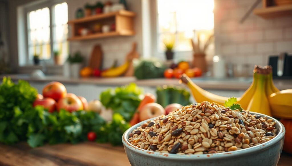 a tranquil kitchen scene, bathed in warm, golden light from large windows. on the countertop, an array of fresh, colorful fruits and vegetables, including apples, bananas, carrots, and leafy greens. in the foreground, a bowl overflowing with a variety of grains, legumes, and seeds, representing a balanced, satiating meal. the scene exudes a sense of abundance, health, and satisfaction, conveying the idea that weight loss can be achieved through nourishing, satisfying foods rather than deprivation.