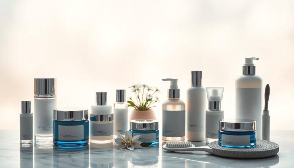 a tranquil, spa-like scene featuring a serene arrangement of skincare products and tools against a soft, pastel background. in the foreground, an array of high-quality moisturizers, serums, and cleansers are elegantly displayed on a marble or stone surface, bathed in warm, diffused lighting that creates a calming, luxurious atmosphere. the middle ground showcases a few delicate flowers or a small potted plant, adding a natural, organic touch. the background fades into a hazy, dreamlike palette of soft blues, pinks, and whites, conveying a sense of serenity and wellness. the overall composition should inspire a feeling of self-care, relaxation, and a holistic approach to daily skincare and haircare routines.