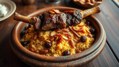 صينية قوزي مبسطة لعزومة صغيرة، لحم طري وأرز بالزبيب واللوز.