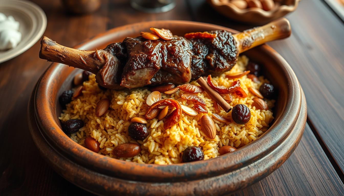 صينية قوزي مبسطة لعزومة صغيرة، لحم طري وأرز بالزبيب واللوز.