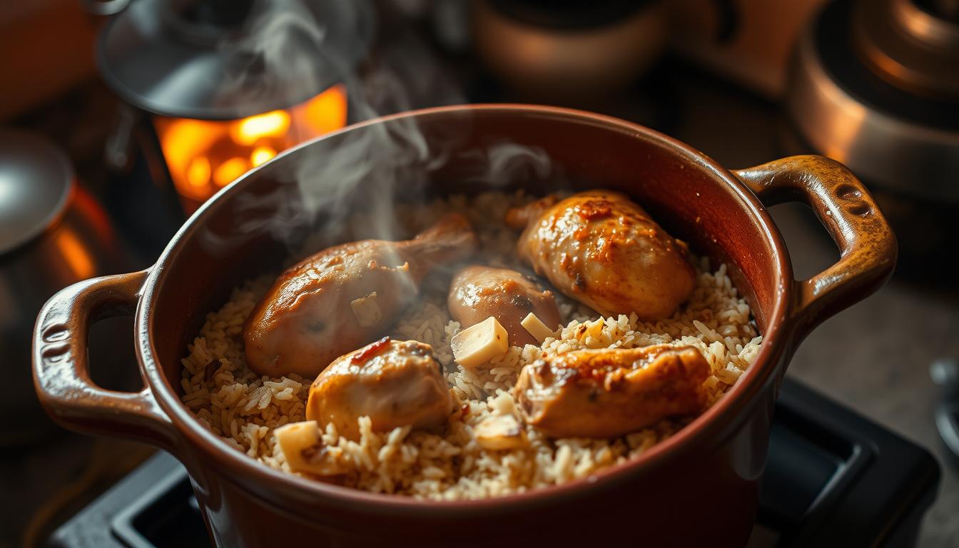 كبسة دجاج في قدر الضغط، أرز يفوح بالهيل خلال نصف ساعة.