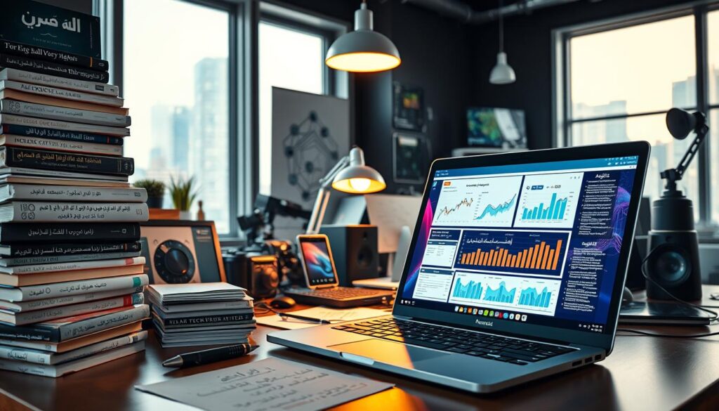 a high-tech workspace filled with various electronic devices and gadgets, symbolizing the diversity of technology articles. in the foreground, a sleek laptop displays a vibrant digital interface featuring graphs and charts that represent data. to the left, a large stack of books in arabic on technology and computer science shows the richness of arabic content. in the middle, a modern desk lamp casts a warm glow, while notes and sketches are scattered around, hinting at creativity and innovation. in the background, large windows let in soft, natural light, revealing a cityscape that implies a bustling tech environment. the atmosphere is focused and inspiring, inviting viewers to delve into the world of technology. aim for a clean, professional composition with bright lighting to enhance the mood.