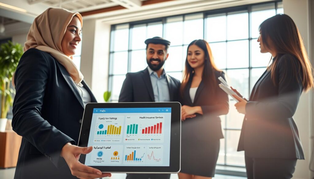 a modern digital healthcare platform interface titled "نفيـس" (nafis) displayed on a sleek tablet, held by a diverse group of professionals in business attire, gathered in a bright, airy office environment. the foreground shows the tablet screen with colorful graphs and user-friendly menus illustrating health insurance services. in the middle ground, the group of three professionals—a middle-eastern woman in a smart blazer, an arab man in a dress shirt, and an east asian woman in a business suit—discuss the information on the screen, reflecting collaboration. the background features a large window with natural sunlight filtering in, enhancing a sense of openness and innovation. the atmosphere is optimistic and forward-thinking, accented by soft shadows and warm lighting, suggesting an emphasis on improving health services through technology.