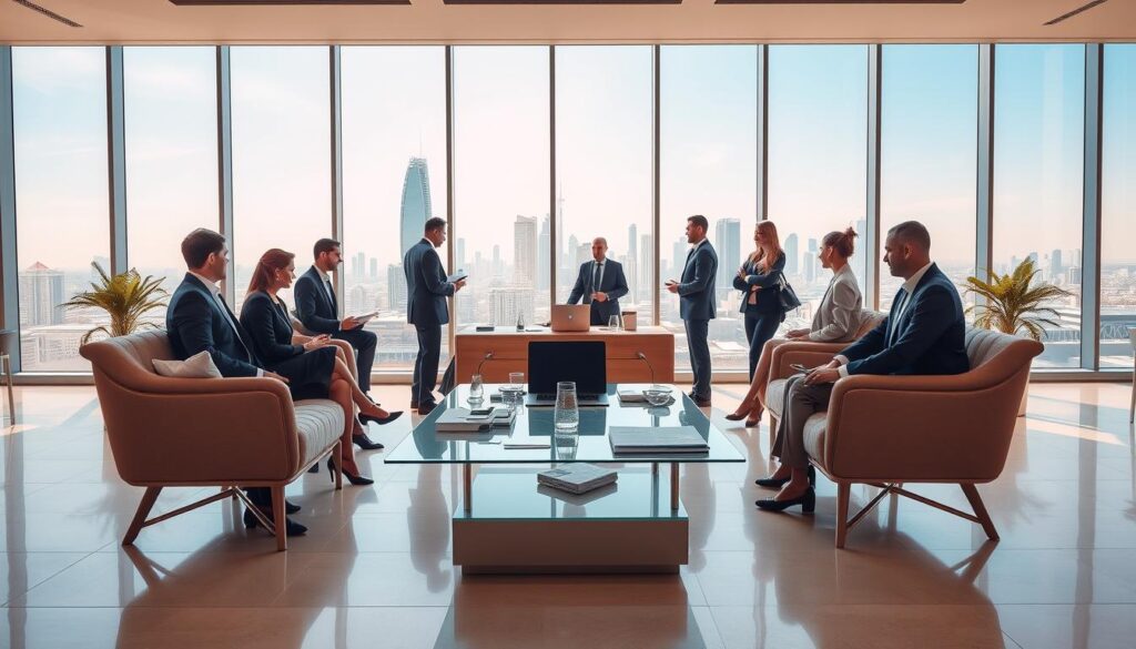 a professional looking office environment showcasing medgulf insurance company. in the foreground, elegant office furniture sits atop a polished floor, with business professionals dressed in smart business attire engaged in discussions. in the middle ground, a large conference table is set with modern technological devices, laptops open, and documents neatly arranged. the background features a tall glass window revealing a city skyline under a bright blue sky, allowing natural light to flood the room, creating a warm and inviting atmosphere. the mood is one of collaboration and professionalism, emphasizing the company’s commitment to excellence in insurance services. the image should be bright, with a focus on clarity and detail, capturing the essence of medgulf insurance company.