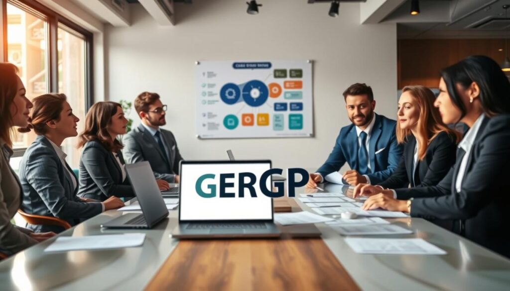 a professional setting showcasing an overview of the grcp certification. in the foreground, a focused group of diverse business professionals, dressed in smart business attire, engaged in discussion over a large, stylish table filled with documents and a laptop displaying the grcp logo. in the middle ground, an informative presentation or infographic on the wall illustrating the key aspects of grcp. the background features a modern office environment with large windows filtering in warm, natural light, and contemporary decor. the image conveys a sense of collaboration and professionalism, emphasizing the importance of the grcp certification in governance, risk, and compliance, captured with a soft focus and a wide-angle lens to create an inviting atmosphere.