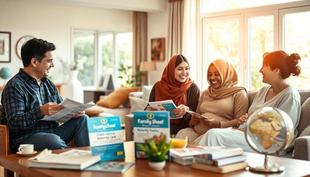 a serene family setting depicting the importance of medical insurance for visitors, with a warm and welcoming atmosphere. in the foreground, a diverse family wearing modest casual clothing is happily discussing their plans while seated at a table with brochures about medical insurance and maternity care. the middle ground features a cozy living room with soft lighting, where elements of family life, such as baby items and a globe, suggest a theme of travel and hospitality. in the background, large windows let in natural light, revealing a sunny garden outside. the overall mood is optimistic and reassuring, illustrating the peace of mind that comes with having medical insurance during family visits, particularly related to childbirth. the image should evoke a sense of safety and connection among family members.