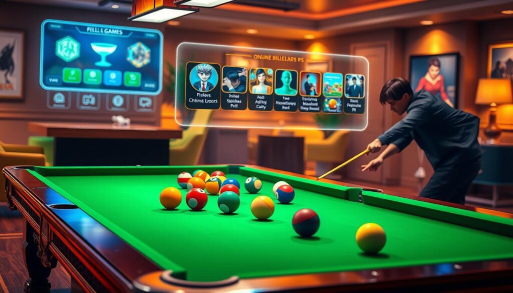 a vibrant digital illustration of an online billiards gaming environment. in the foreground, a beautifully rendered billiard table with polished green felt and colorful balls meticulously arranged for a game. there are elegantly designed virtual avatars of players, dressed in smart casual attire, aiming for their shots with concentration. the middle ground features a sleek gaming interface with glowing icons representing different billiard games, surrounded by a subtle holographic effect that emphasizes the online aspect. the background reveals a cozy virtual room with stylish decor, ambient lighting in warm tones that creates an inviting atmosphere. the overall mood is exciting and competitive, showcasing the thrill of exploring the world of online billiards. the image should have a focus on clarity and detail, with a slight cinematic perspective to add depth.
