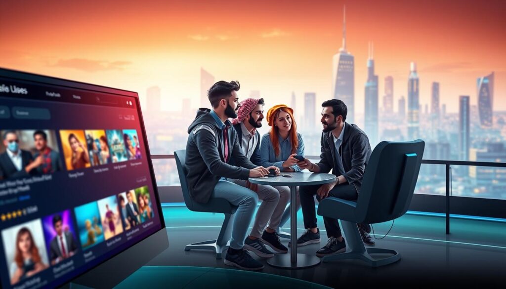 a vibrant digital landscape illustrating the evolution of a gaming website, specifically "جدة بايكرز." in the foreground, feature a sleek, modern computer with a glowing interface displaying game selections and user reviews. the middle ground shows a diverse group of young adults dressed in smart, casual attire engaged in an animated discussion about gaming; they are seated around a stylish gaming setup. the background portrays a futuristic city skyline, hinting at technological advancement and community growth. soft, ambient lighting enhances a sense of innovation and excitement, while a warm color palette creates an inviting atmosphere, illustrating the importance of "جدة بايكرز" as a key player in the gaming sector of saudi arabia.
