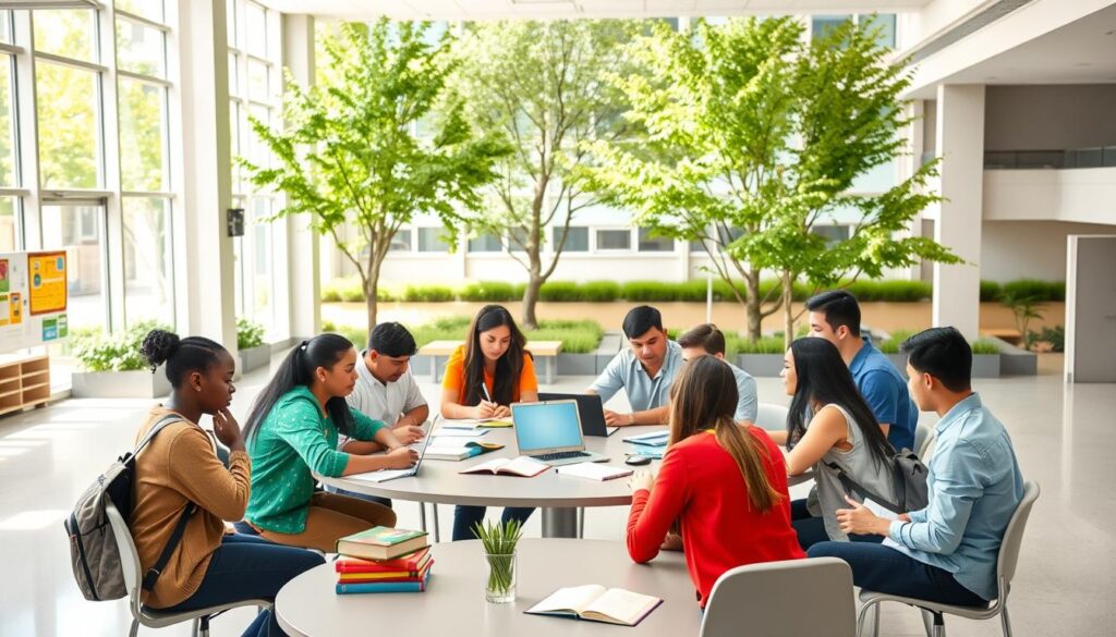 a vibrant, modern high school environment in medina, showcasing a distinguished educational atmosphere. in the foreground, diverse high school students wearing smart casual clothing engage collaboratively at a large round table, surrounded by books, laptops, and educational materials. the middle ground features a spacious, well-lit classroom with large windows, allowing natural sunlight to fill the room, and colorful educational posters on the walls. in the background, we see lush green outdoor spaces with trees and benches, emphasizing a serene learning environment. the scene is captured from a slightly elevated angle, conveying an inviting and inspiring mood, perfect for illustrating a premier educational setting. the overall atmosphere is energetic, focused, and conducive to learning, highlighting excellence in education.