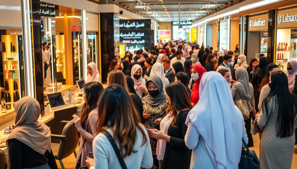 a vibrant salon market scene in saudi arabia, showcasing various women's beauty salons bustling with customers. in the foreground, a diverse group of women in professional business attire engaging with salon staff, examining the services offered. the middle ground features elegantly designed salon interiors with stylish hair stations, mirrors reflecting warm lighting, and beauty products displayed. the background includes glimpses of fashionable signage and more salons, set in a lively marketplace atmosphere. the lighting is bright and welcoming, conveying a sense of luxury and community. capture the essence of an upscale women’s salon market with an inviting, energetic mood, shot from a slightly elevated angle to encompass the entire scene.